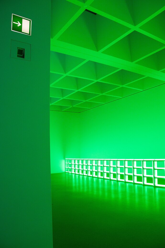Eine Art Museumsraum in grünem Licht getaucht