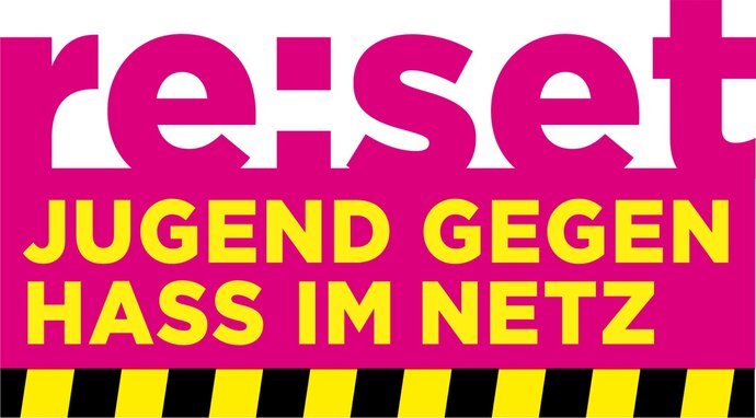 Logo bestehend aus dem Text »re:set - Jugend gegen Hass im Netz« in rosa und gelben Buchstaben auf weissrotem Hintergrund.